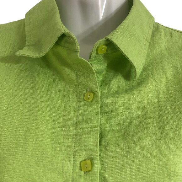 Kim Rogers top Sz S linen blend green square button front tab sleeve side slits - Picture 2 of 8